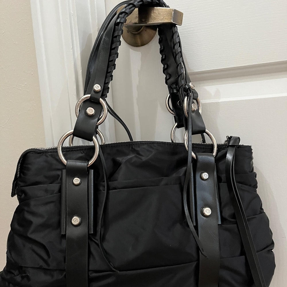 FRANCESCO BIASIA Double  Handle SATCHEL BAG Black Nylon & Leather
